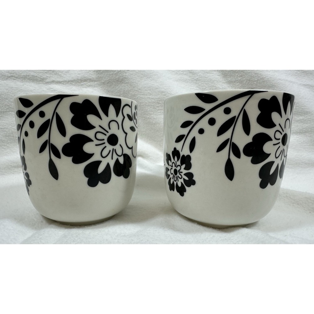 Martha Stewart Hudson Black Mugs Coffee Cups 3 3/4"h Stencil Flowers Set Of 2